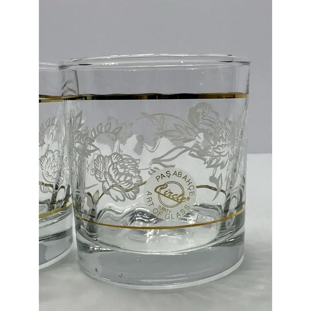 4 Pasabahce Circle Turkey‎ Art of Glass Double Old Fashioned Gold Rim Floral Set